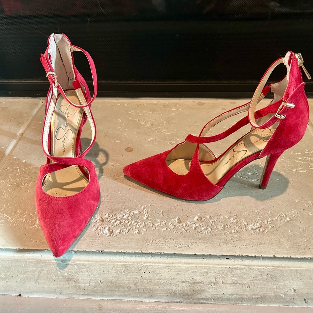 Jessica Simpson, red strappy heels, size 6.5